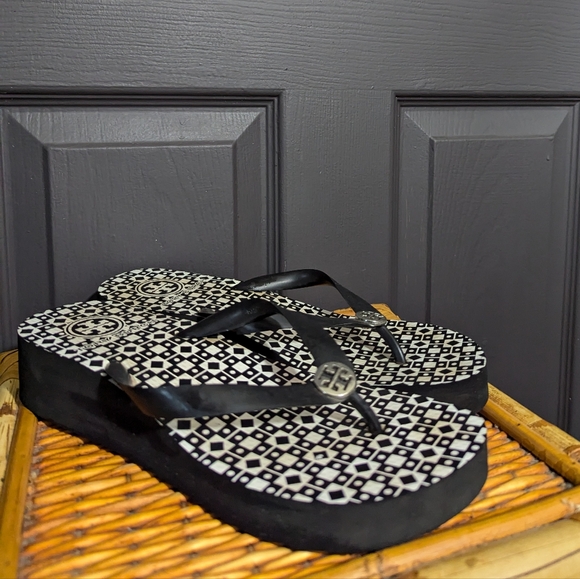 Tory Burch Shoes - TORY BURCH Black White Logo Flipflop Wedge Sandals